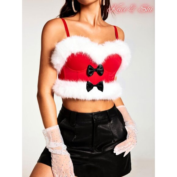 Women First Red Christmas Faux Fur Santa Corset Bow Bustier Crop Top - Picture 7 of 7